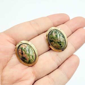 Vintage Unakite Cabochon Gold Tone Clip-On Earrings Oval